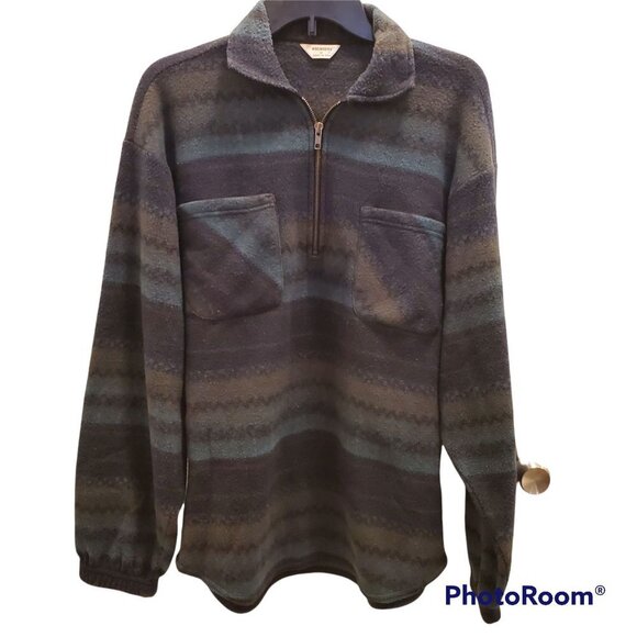 Woolworth's Men's Vintage 1980s Chevron Stripe 1/4 Zip Fleece Pullover Size UK M - Picture 1 of 7